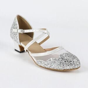 DS Silver Sparkling Glitter Customized Heels Ballroom Modern Dance Shoes | 9.5